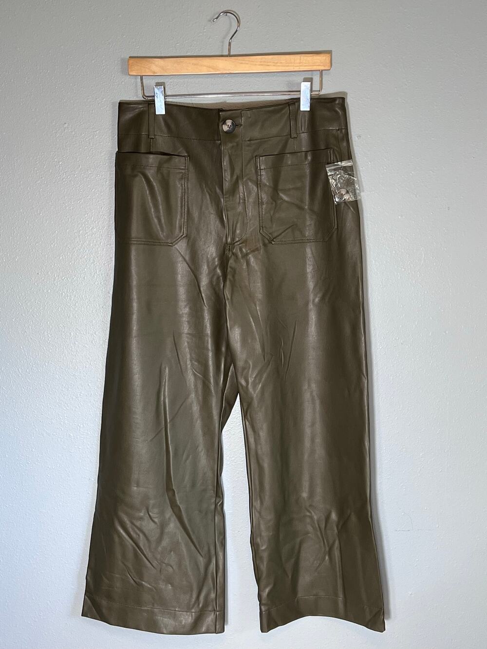 Maeve Colette Olive Green Sz 32 Faux Leather Wide Leg Womens Pants Stretch Crop